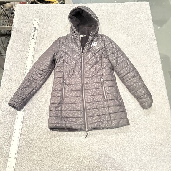 New Balance Black/Silver Hooded Full Zip Puffer Jacket Coat Medium - Picture 1 of 11